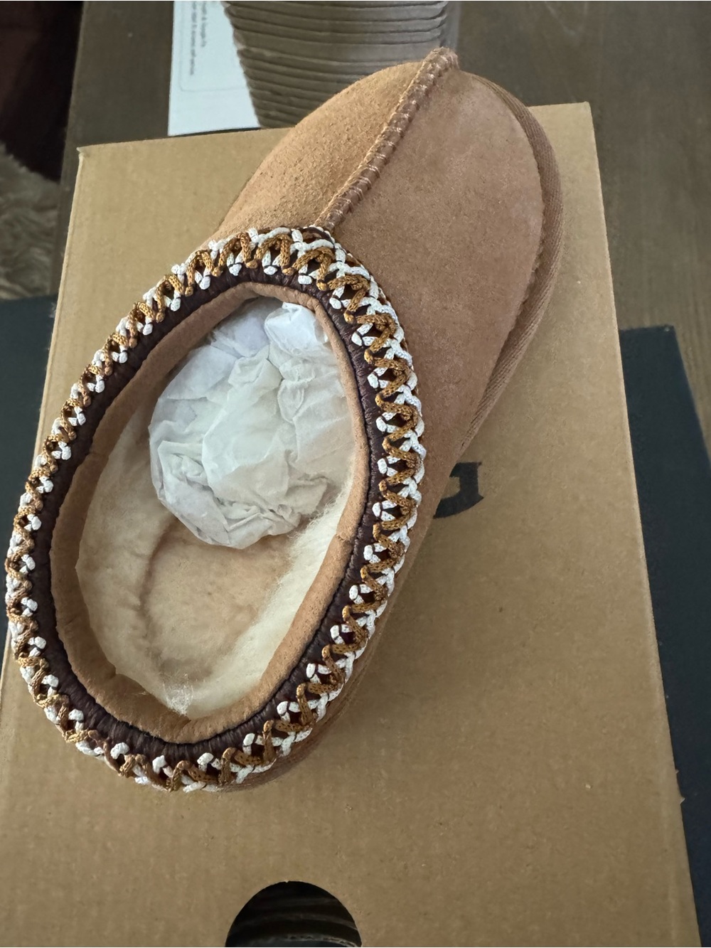 UGG Chestnut Suede Kids Slip-On Slipper with Braided Trim